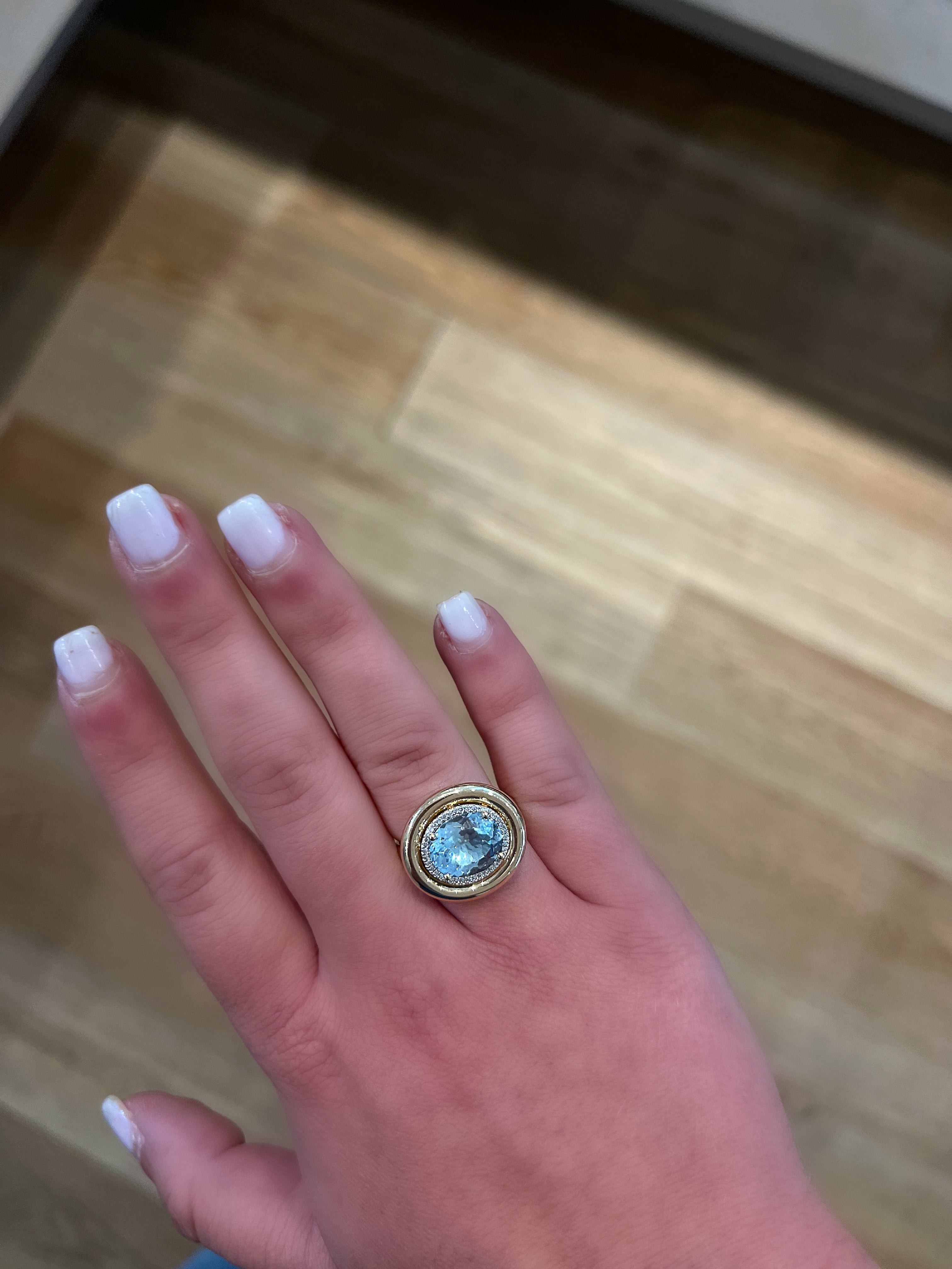 WD1969 14K Yellow Gold 4.47 Carat Blue Topaz & Diamond Halo Statement Ring