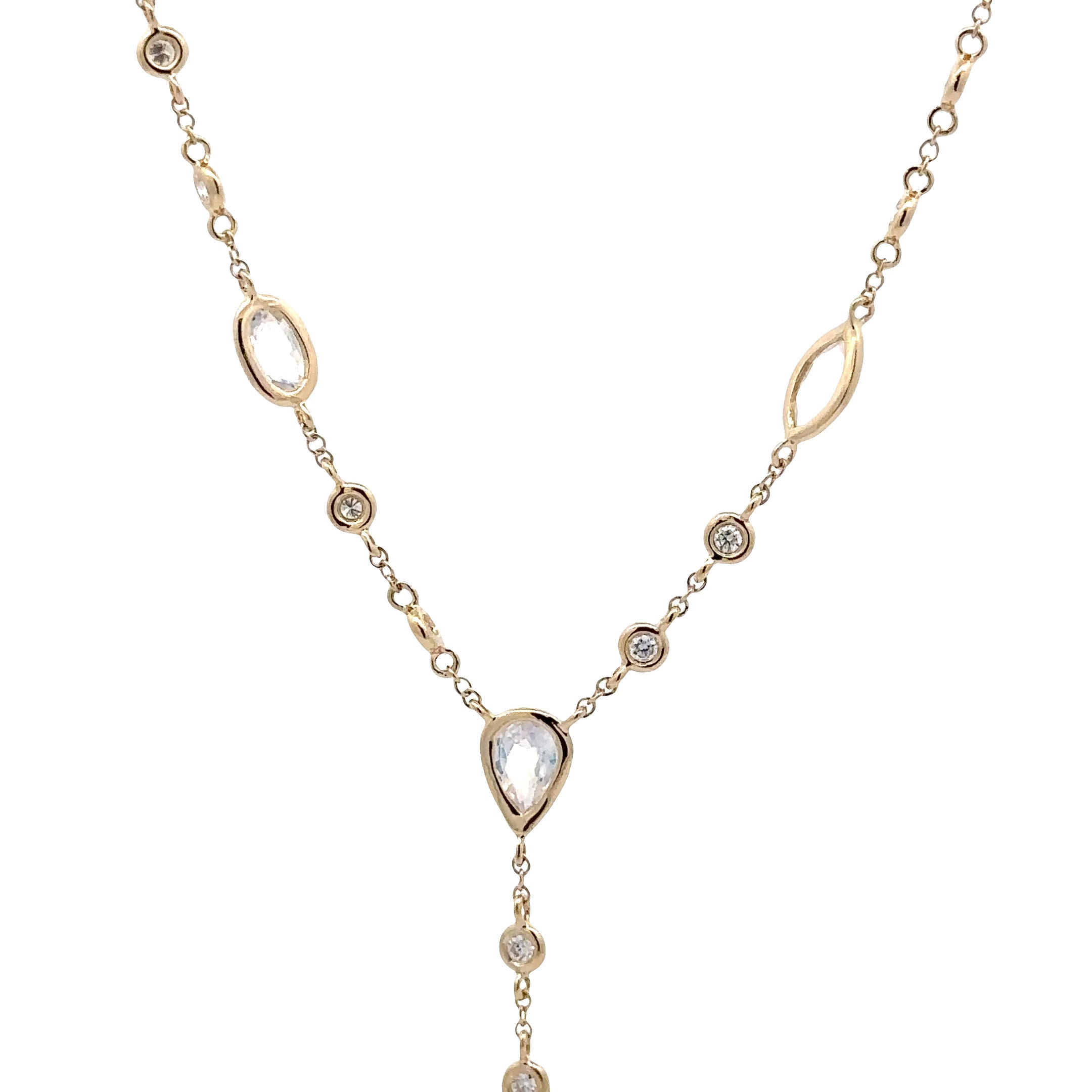 WD1871  14kt Gold, Moonstone, and Diamond Lariat Necklace