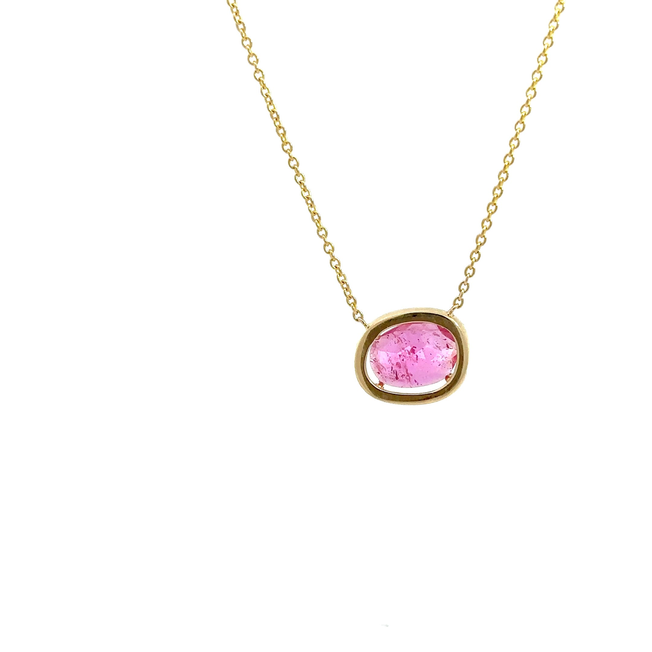 WD1223 Yellow Gold Rose Cut Hot Pink Sapphire with Diamond Halo Necklace