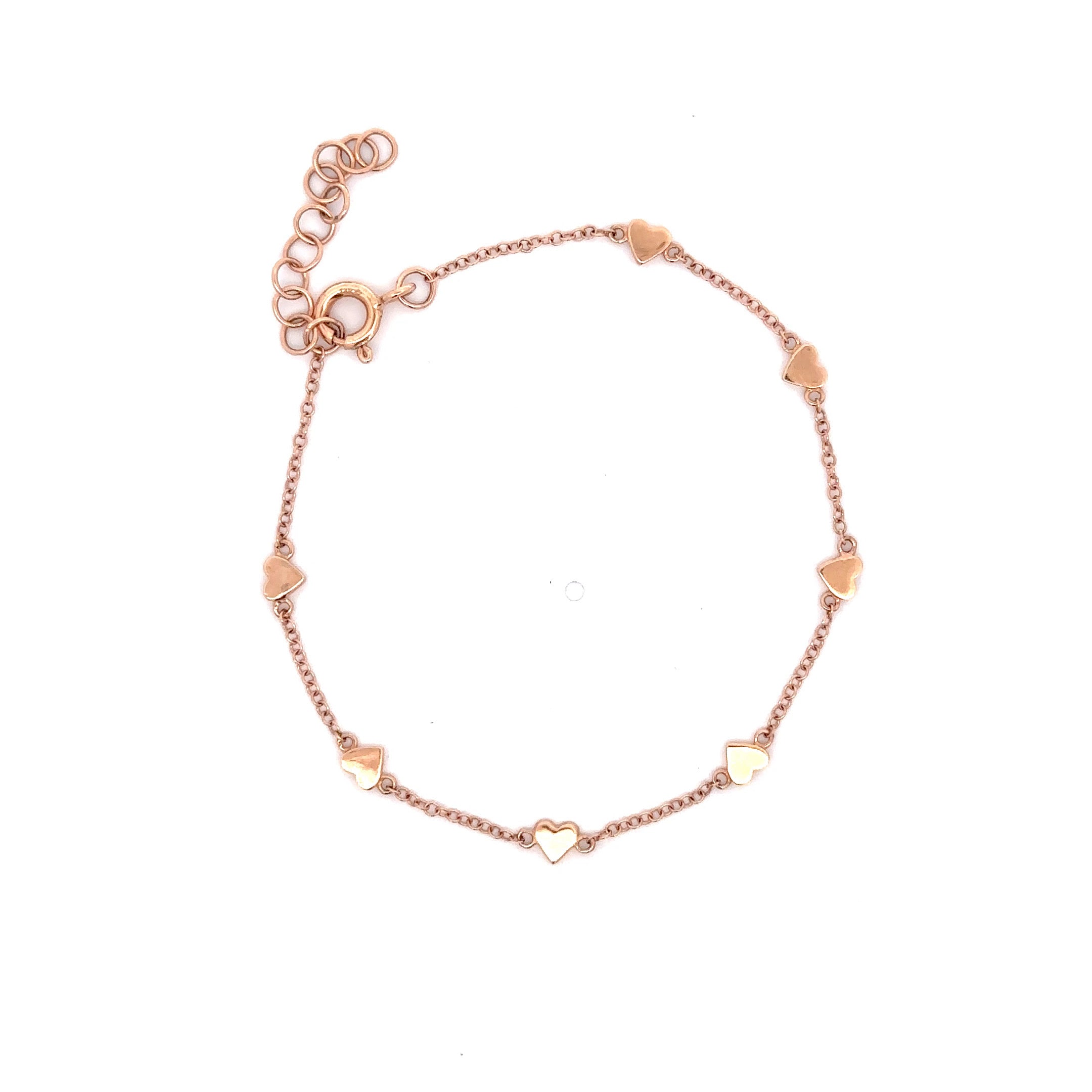 WD477 14kt gold thin chain bracelet detailed with 7-hearts