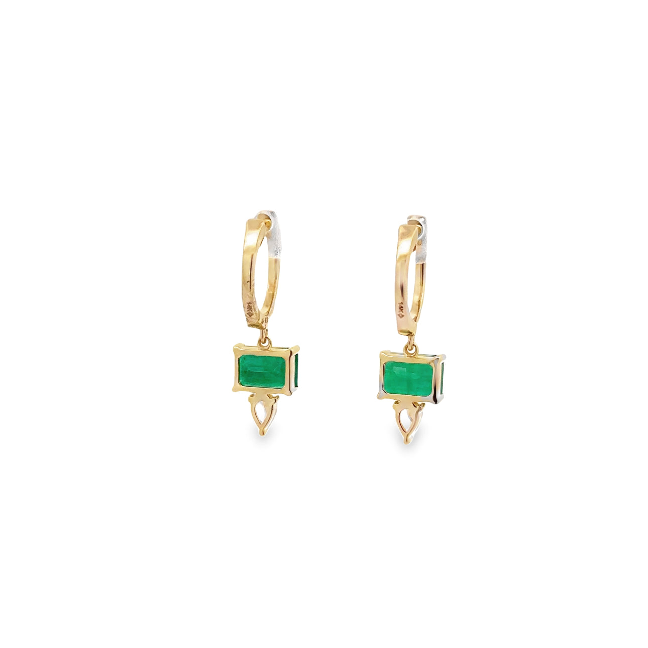 WD1302 14kt Gold Emerald Drop Earring with Pear shaped Diamonds and Pave Diamond Detail