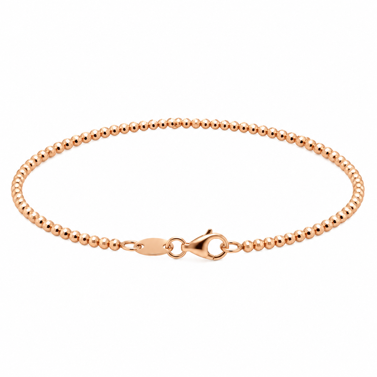 14KT rose gold faceted bead bracelet featuring delicate light-reflecting beads and a lobster clasp.