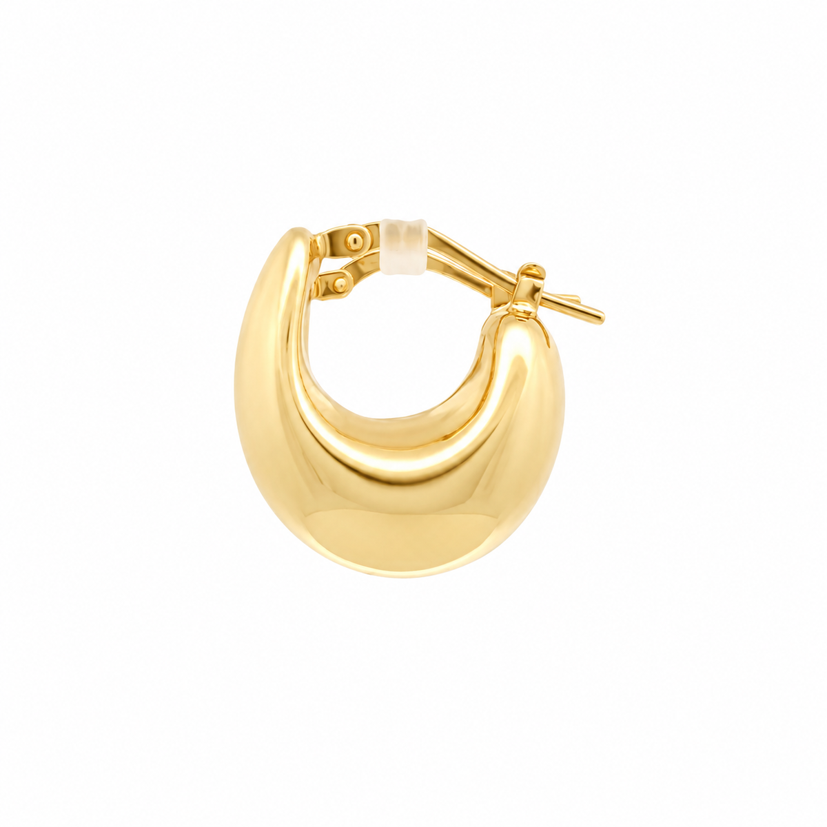Side view of a 14KT yellow gold sculptural huggie hoop earring showing its rounded profile and hinged closure.