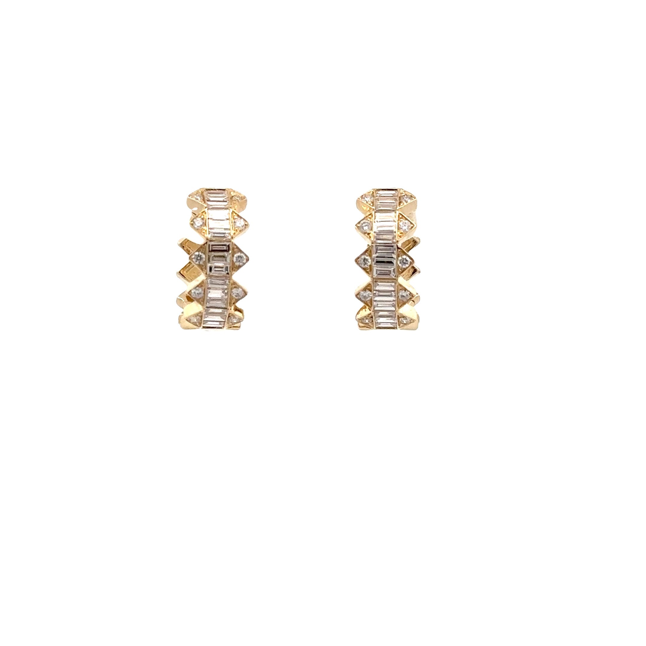 WD1795 14kt Gold Baguette Diamond Hoops with Round Diamond Details