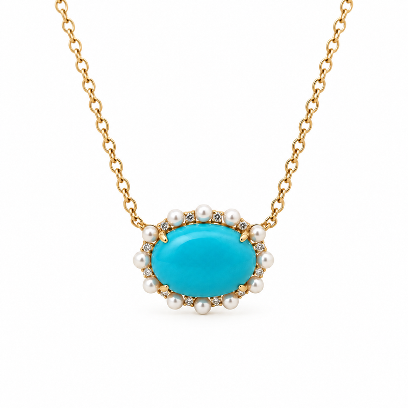 WD1972 14kt Gold Turquoise Cabochon, Pearl & Diamond Necklace