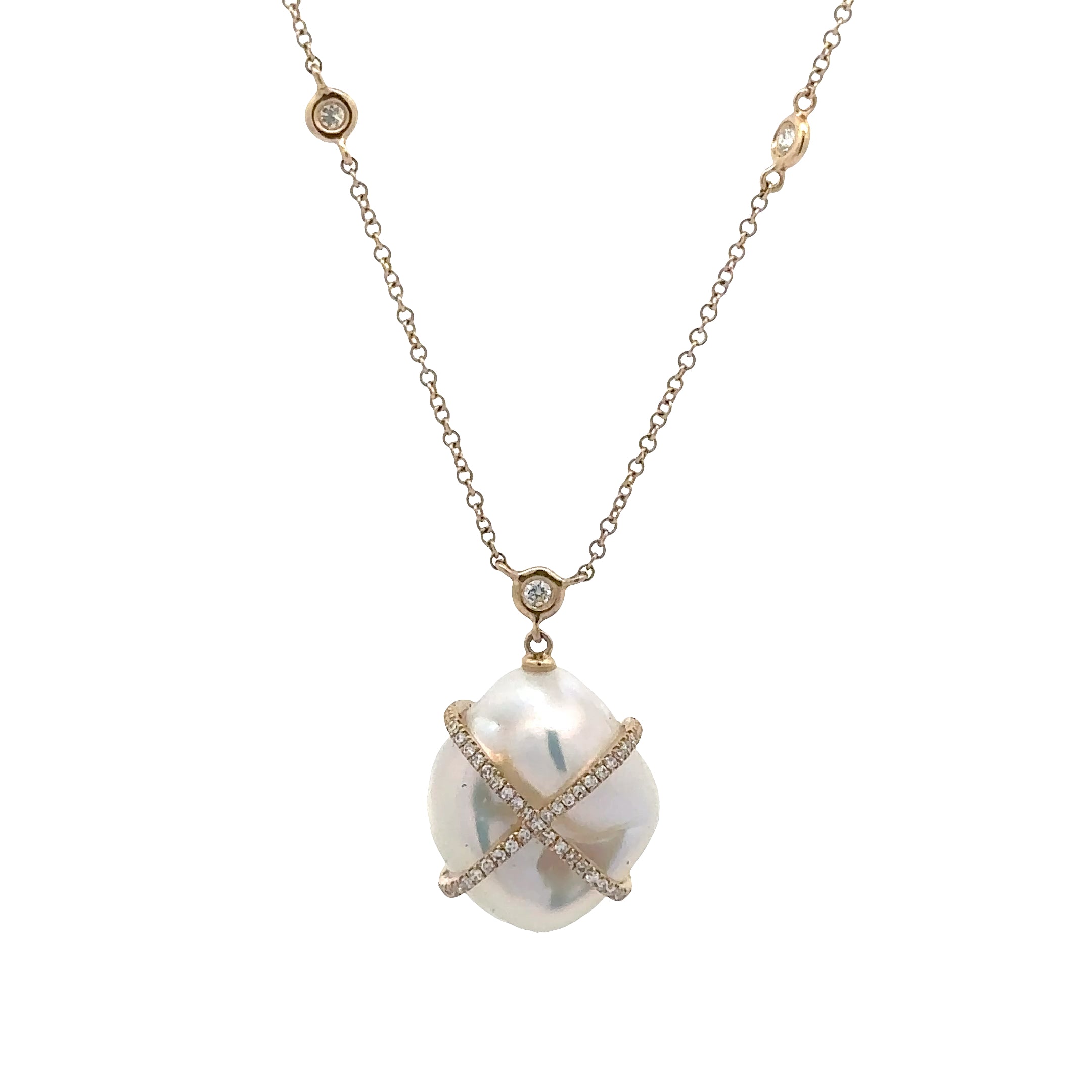 WD1959 14K Gold Baroque Pearl & Diamond Necklace