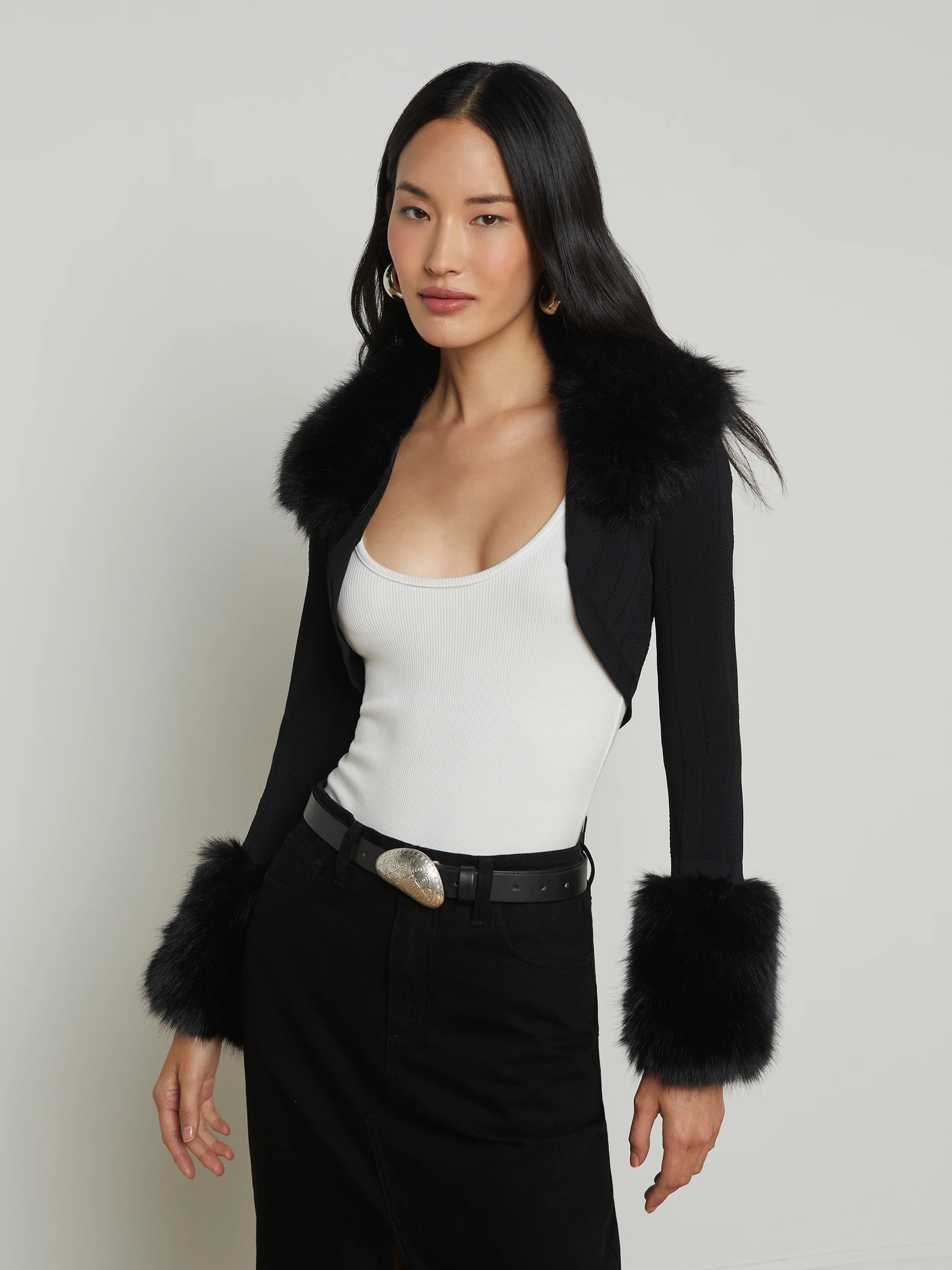 80069NXCb L'AGENCE Haru Faux Fur Shrug