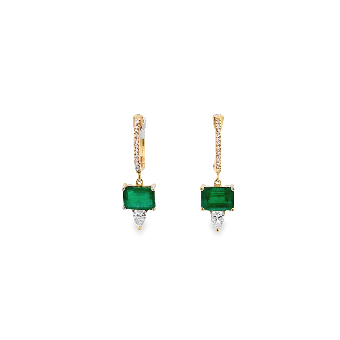 WD1302 14kt Gold Emerald Drop Earring with Pear shaped Diamonds and Pave Diamond Detail