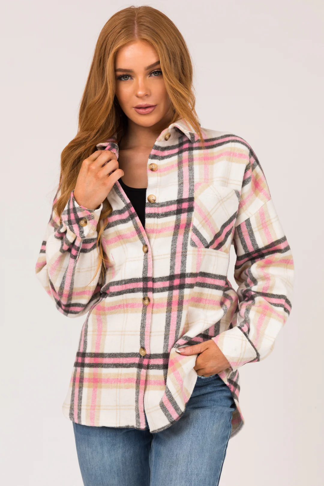 LC8512881p FTP Plaid Button Front Chest Pocket