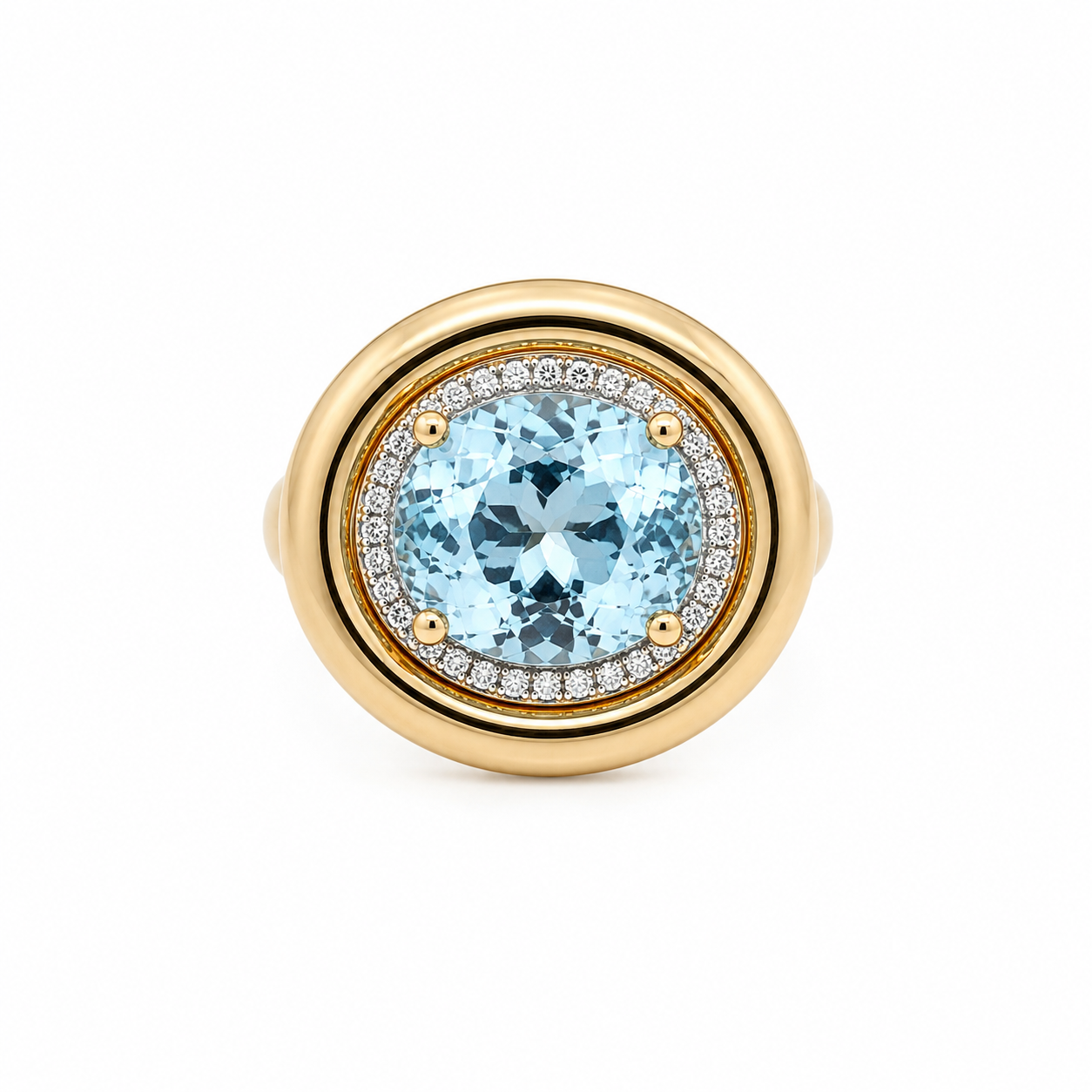 14K yellow gold ring with natural oval aquamarine and diamond halo by Annmarie D'Ercole