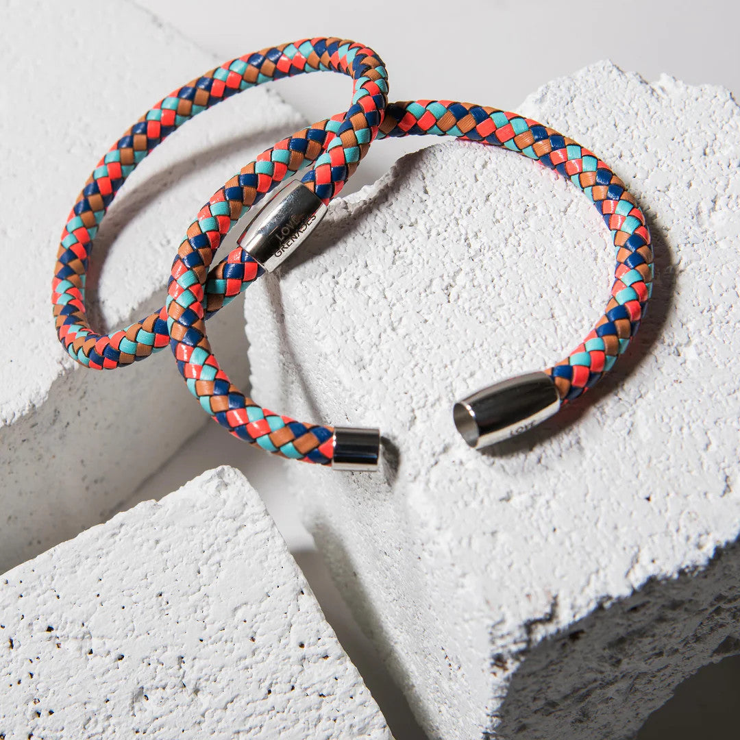 Lg106 LOVE Grenades Stainless with Woven Multi-Colored leather bracelet