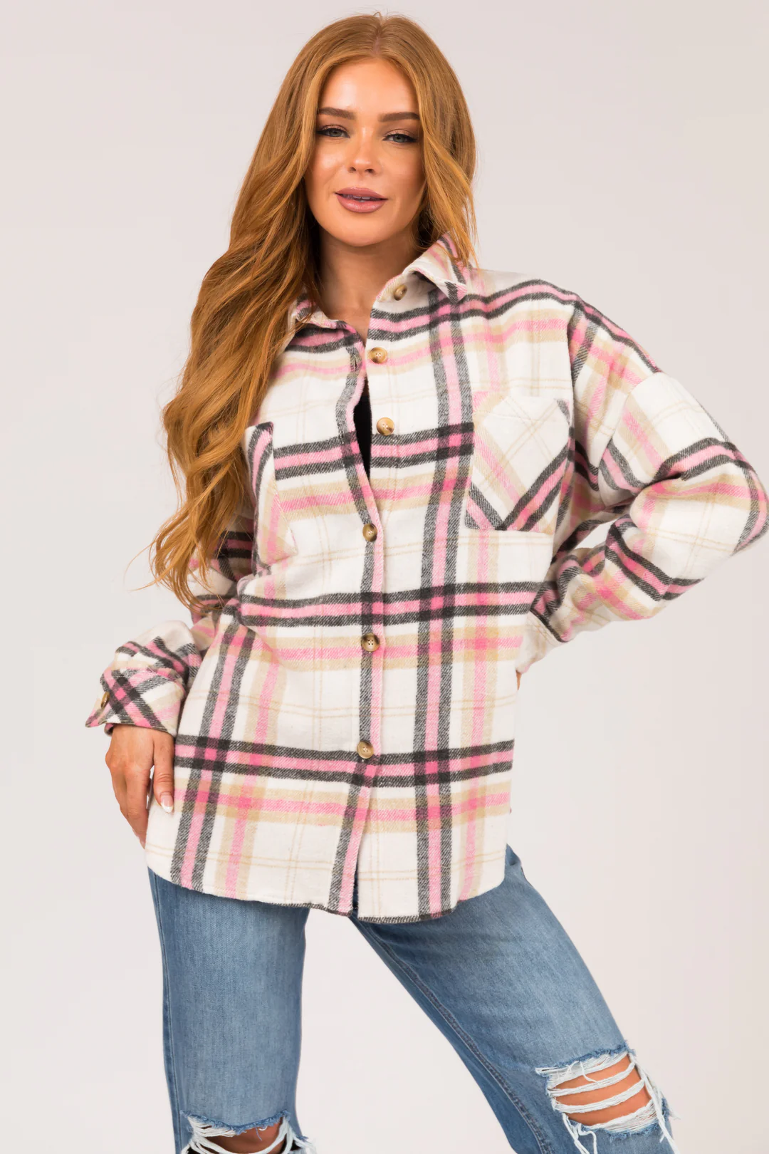 LC8512881p FTP Plaid Button Front Chest Pocket