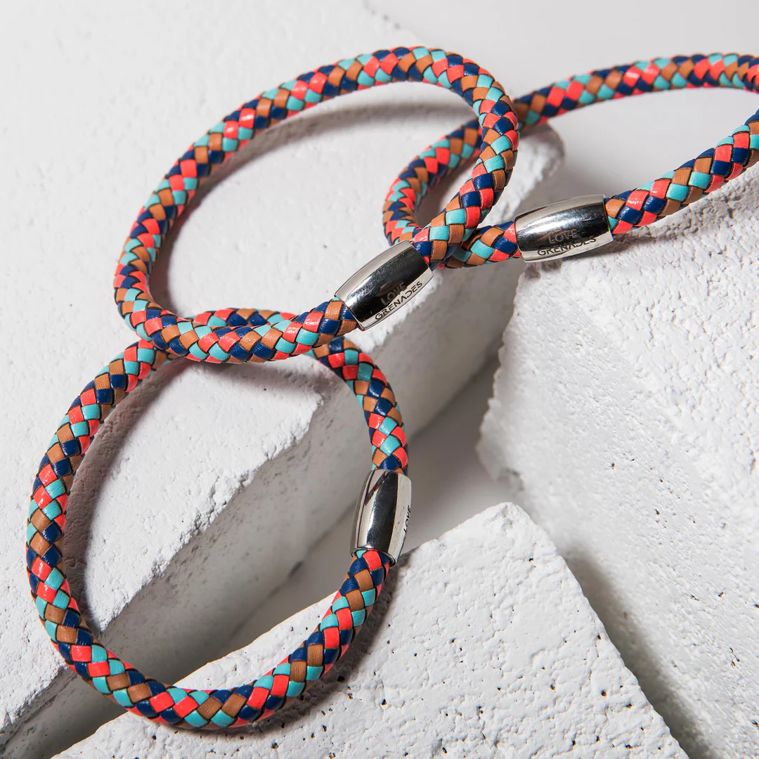 Lg106 LOVE Grenades Stainless with Woven Multi-Colored leather bracelet
