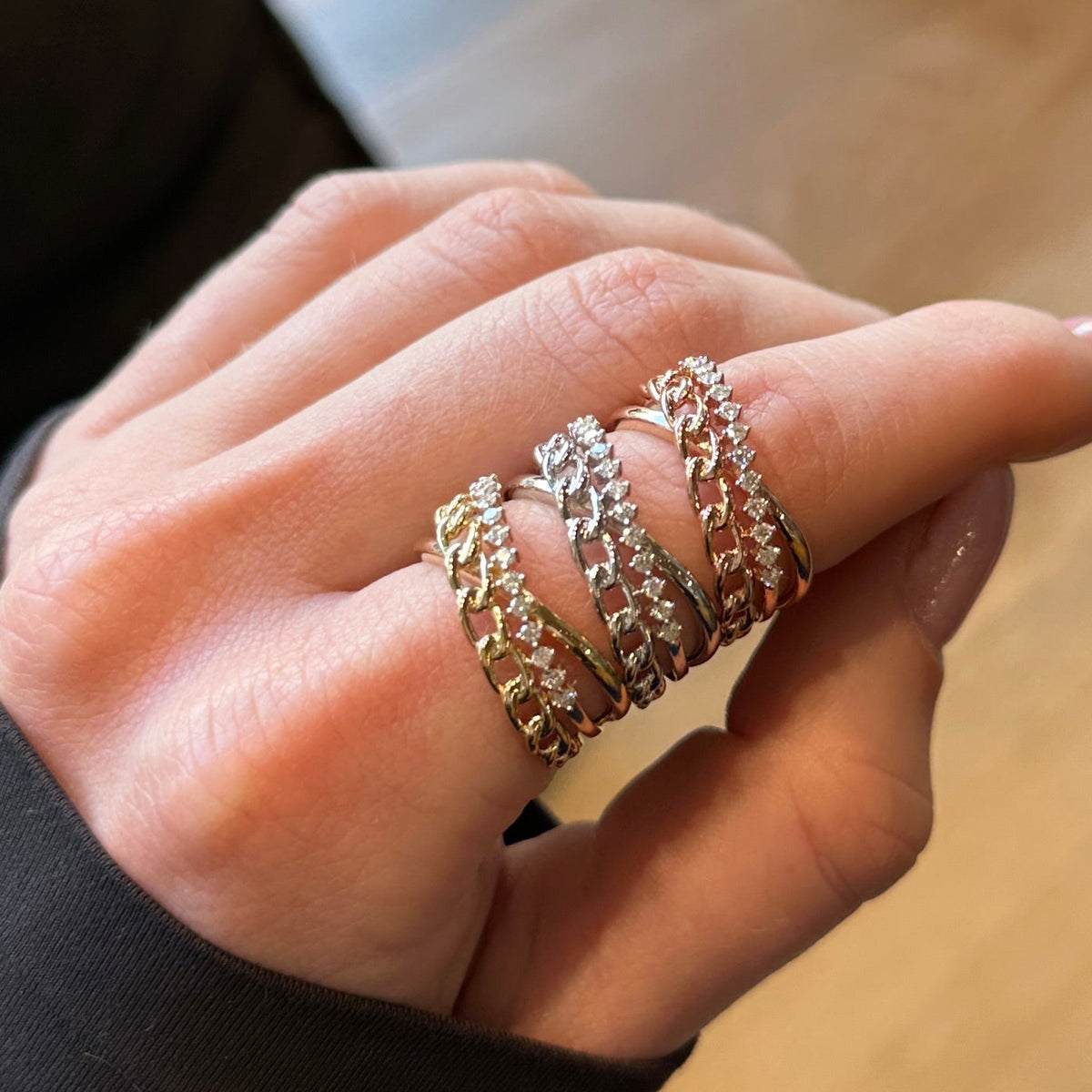 WD1724 14kt Gold Diamond Multi Chain Band worn on hand