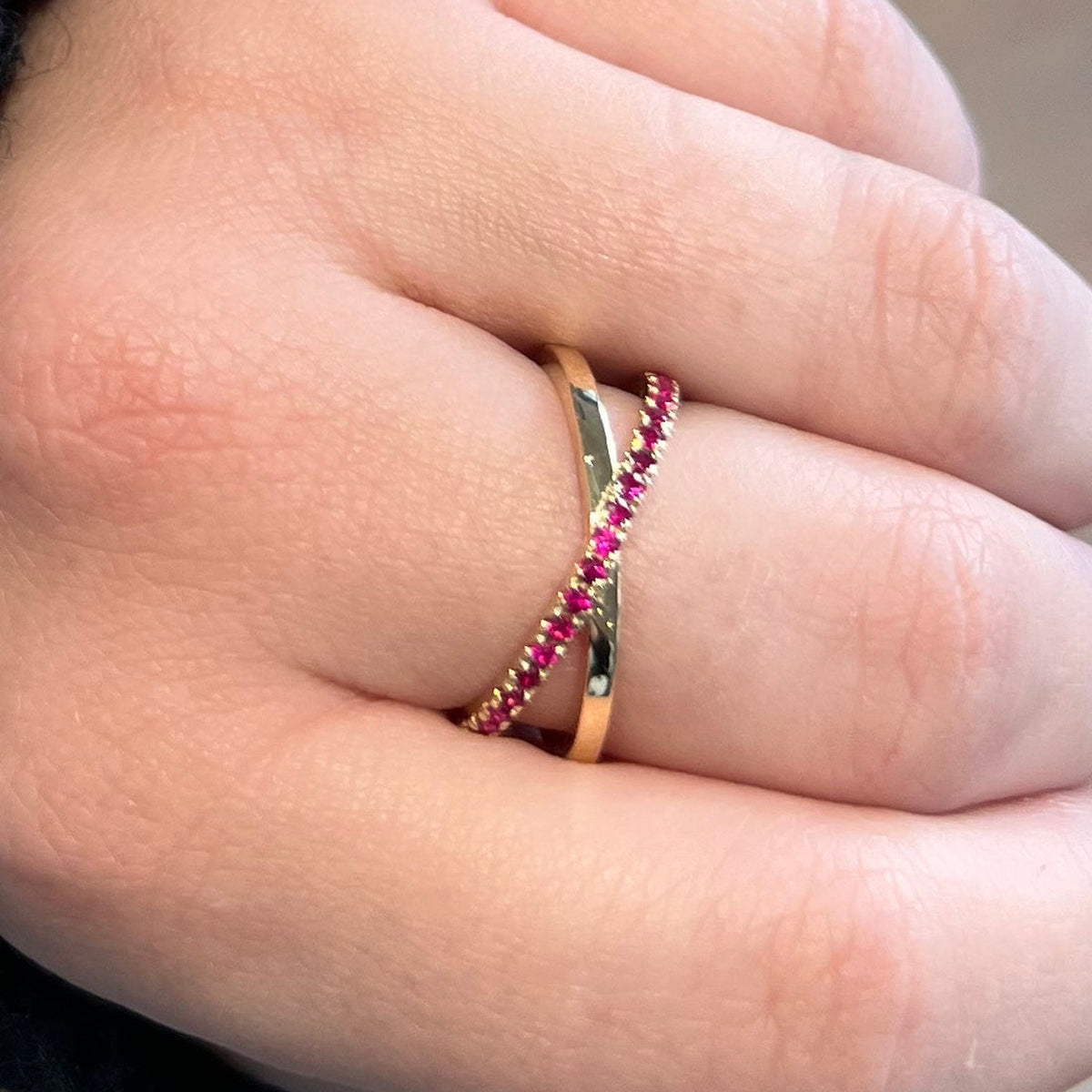 WD1197 14kt Gold Ruby Kiss Ring worn on hand
