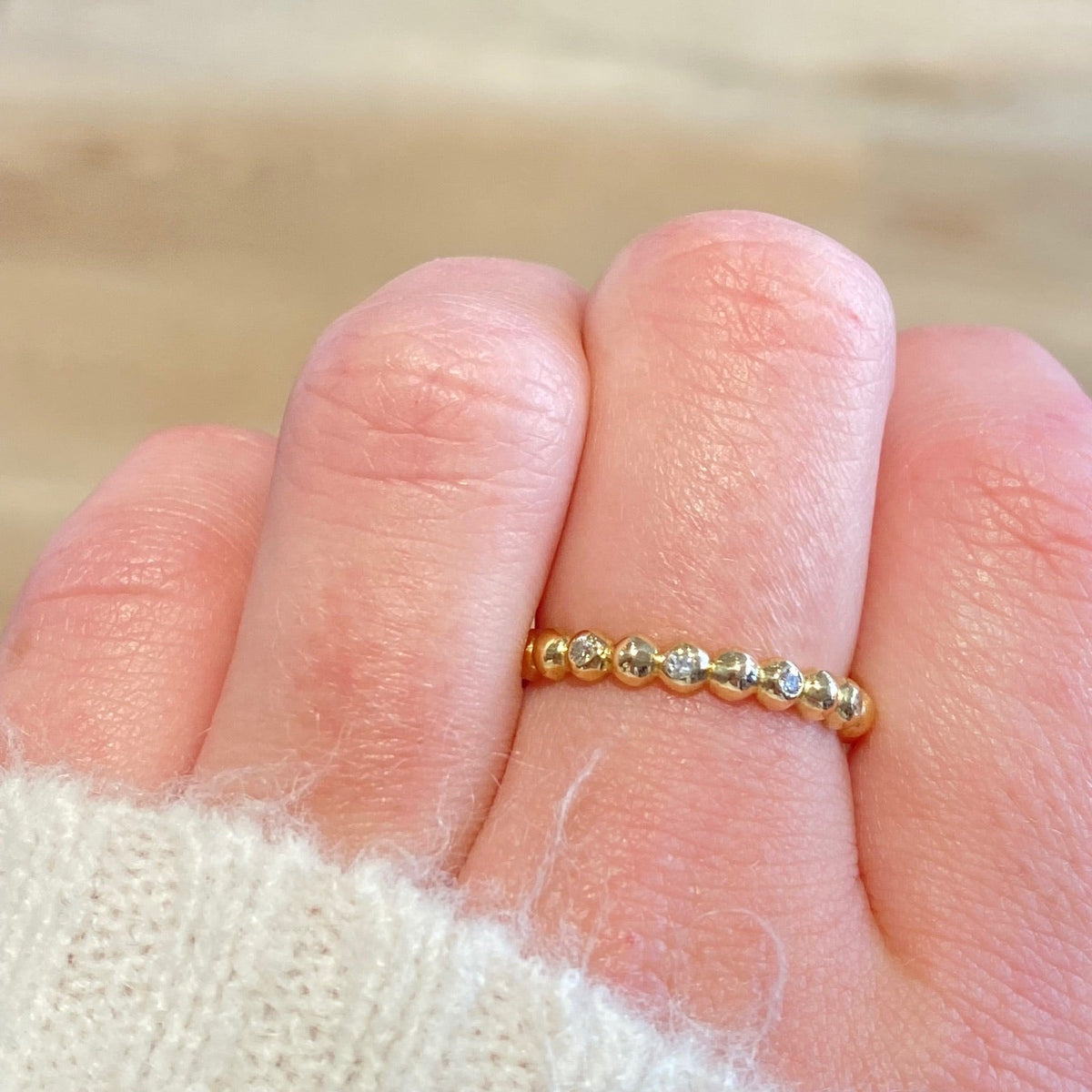 WD923 14kt Gold Bubble Diamond Ring worn on hand