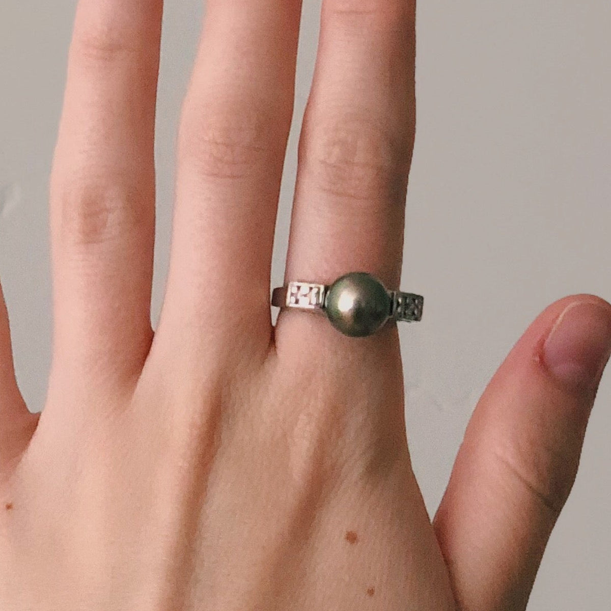 14kt White Gold Black Tahitian Pearl and Diamond Ring worn on hand