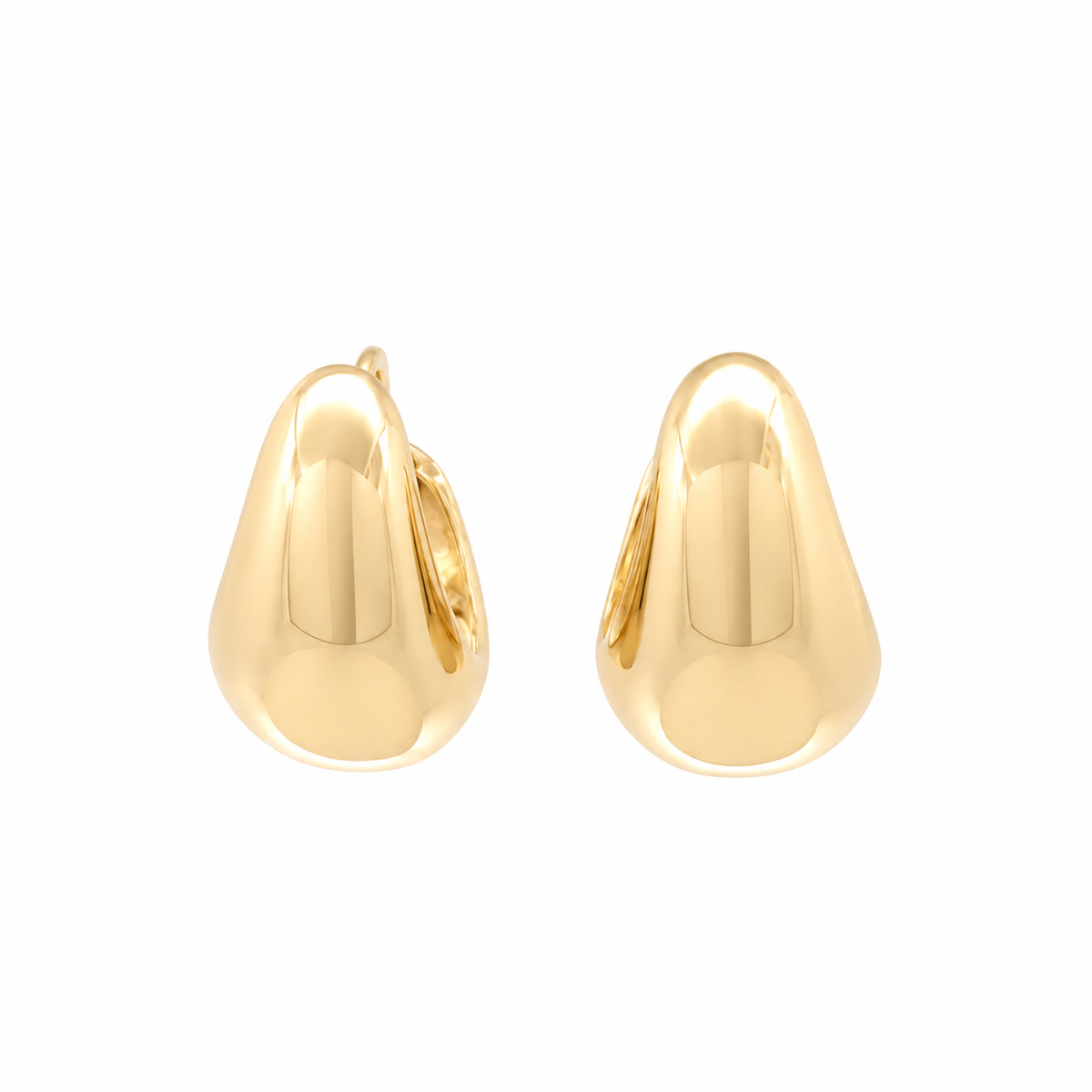 Pair of 14KT yellow gold sculptural huggie hoop earrings with a polished tapered design on a white background.