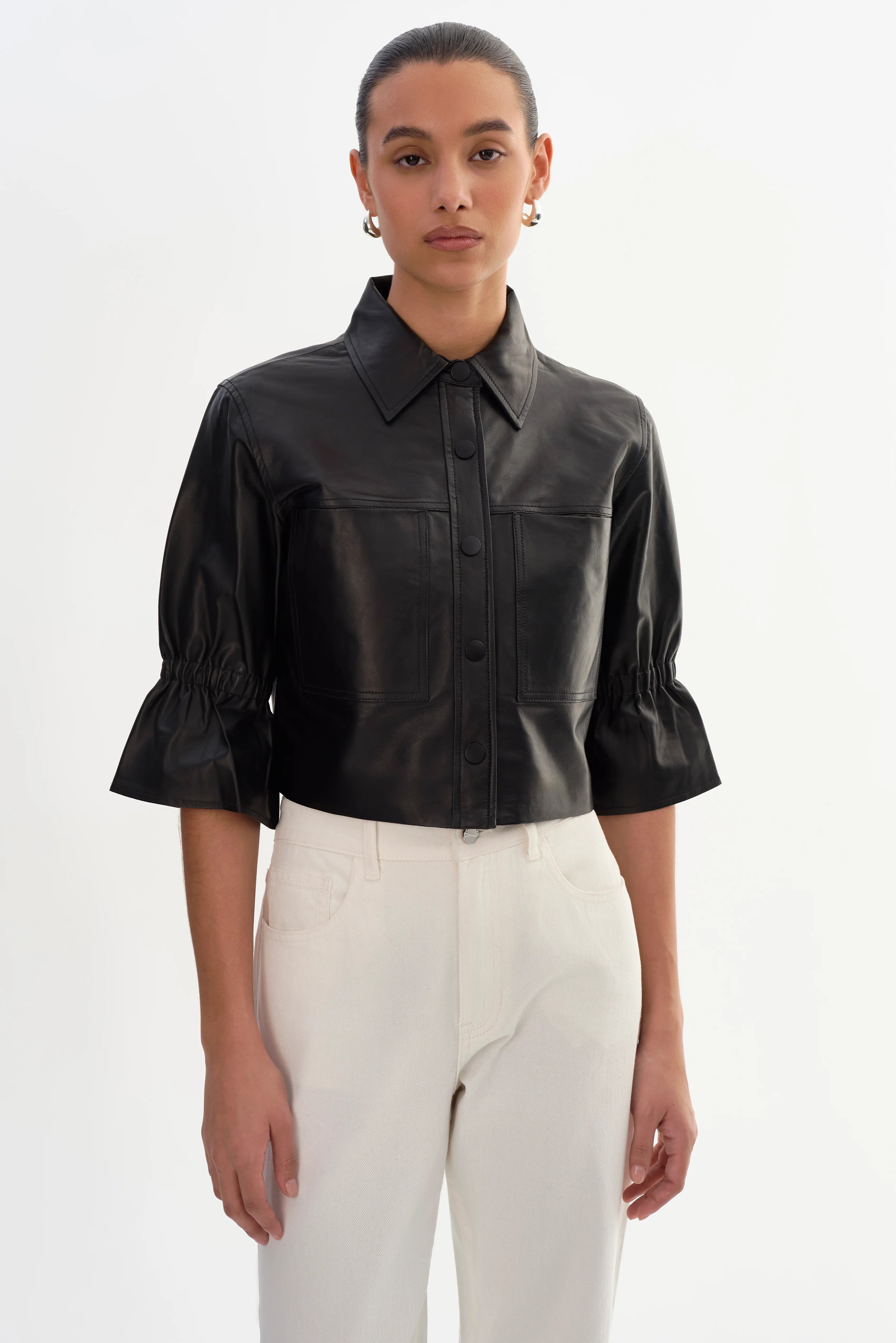 CarolinaB LAMARQUE Leather Ruffle Sleeve Jacket