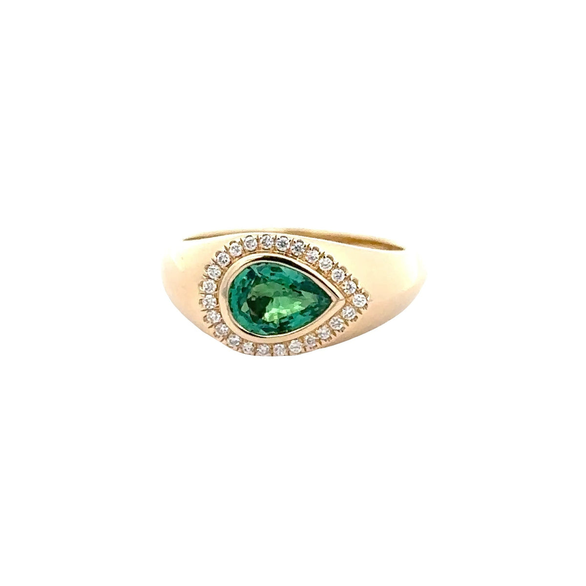 14kt yellow gold pear shaped emerald with diamond halo cigar band by Annmarie D'Ercole