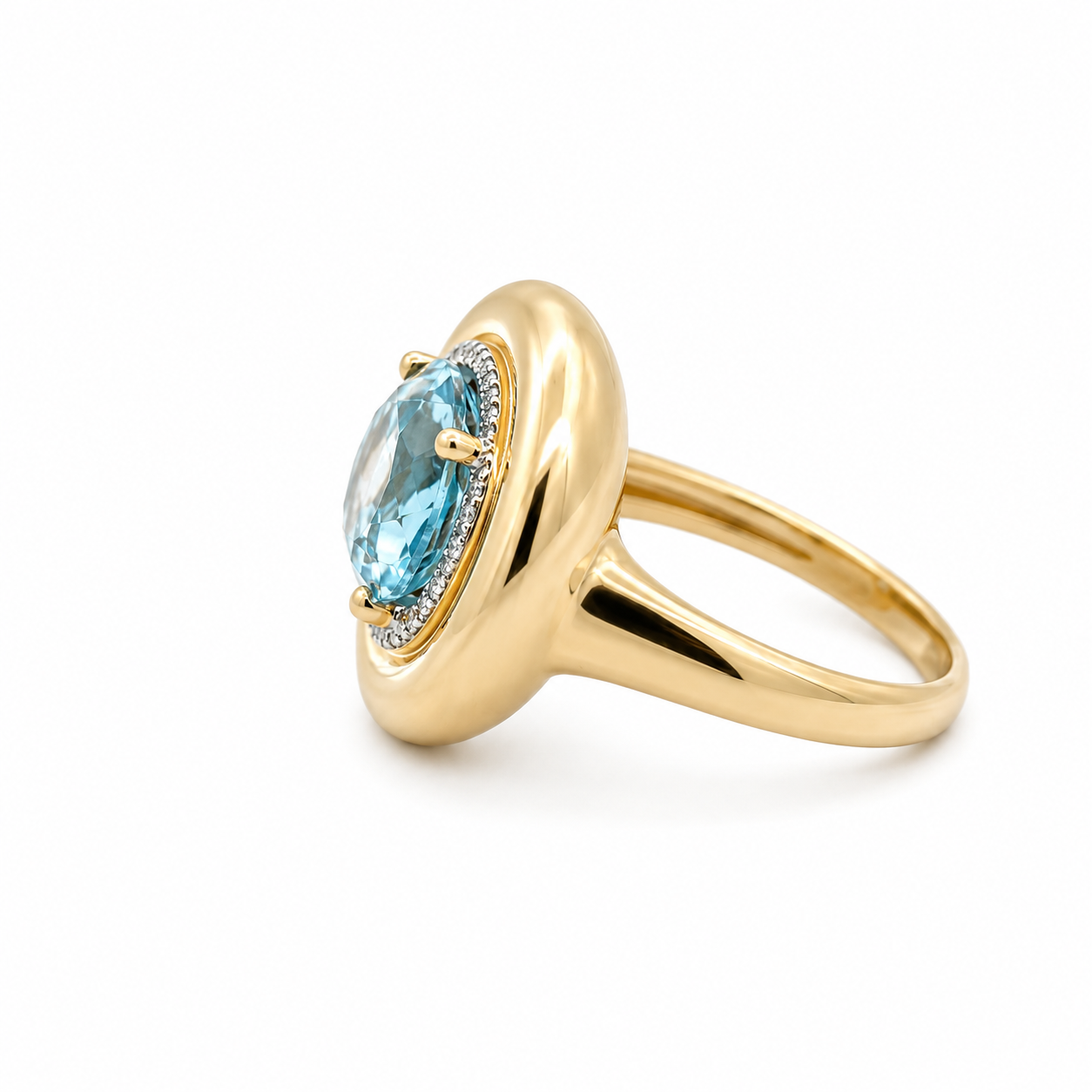 WD1969 14K Yellow Gold 4.47 Carat Blue Topaz & Diamond Halo Statement Ring