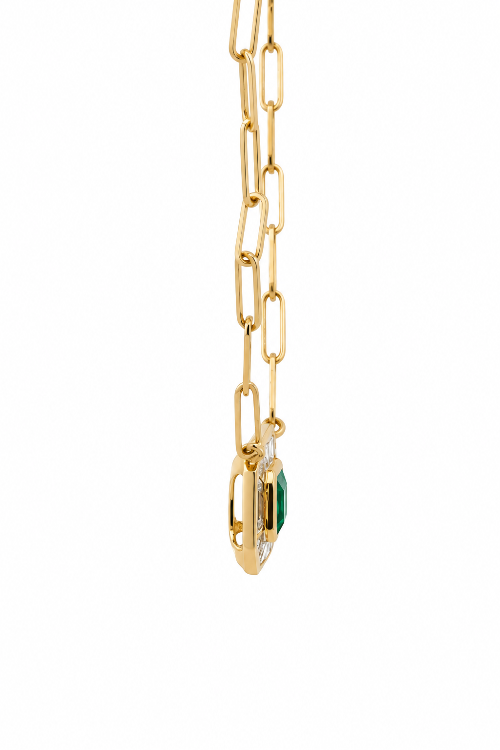 14kt yellow gold emerald and diamond baguette necklace by Annmarie D'Ercole, additional view