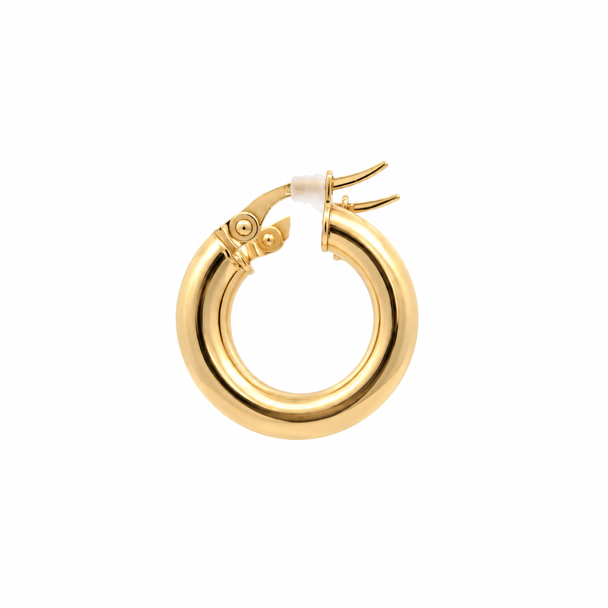Side view of a 14KT yellow gold Italian tube hoop earring showing its smooth tubular construction and hinged clasp.