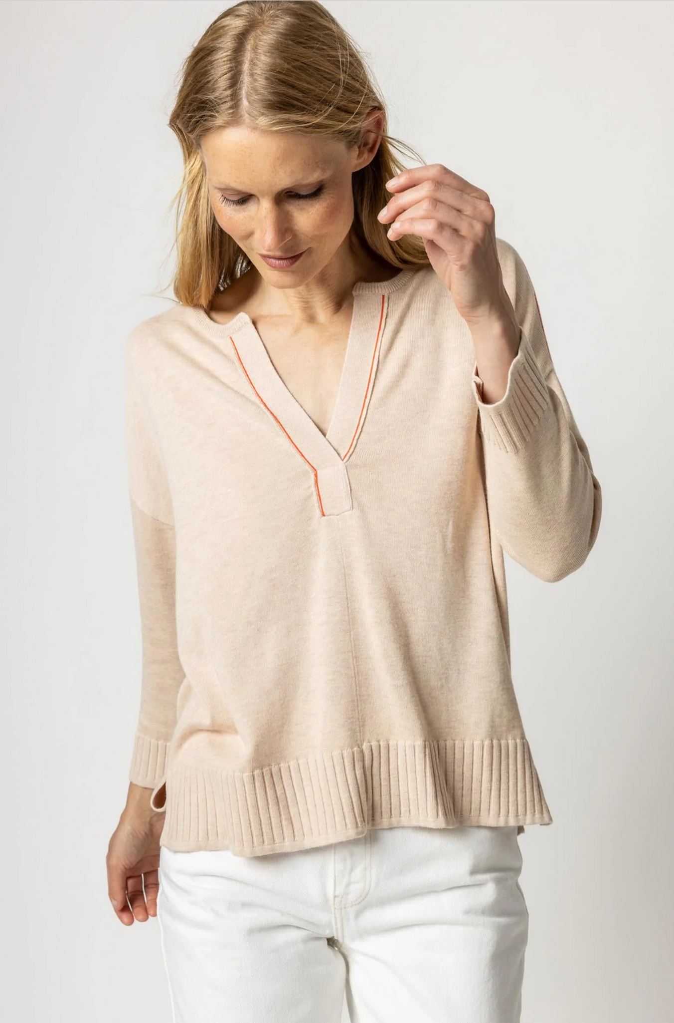 PA2118-WHEw Lilla P 3/4 Sleeve Split Neck Sweater