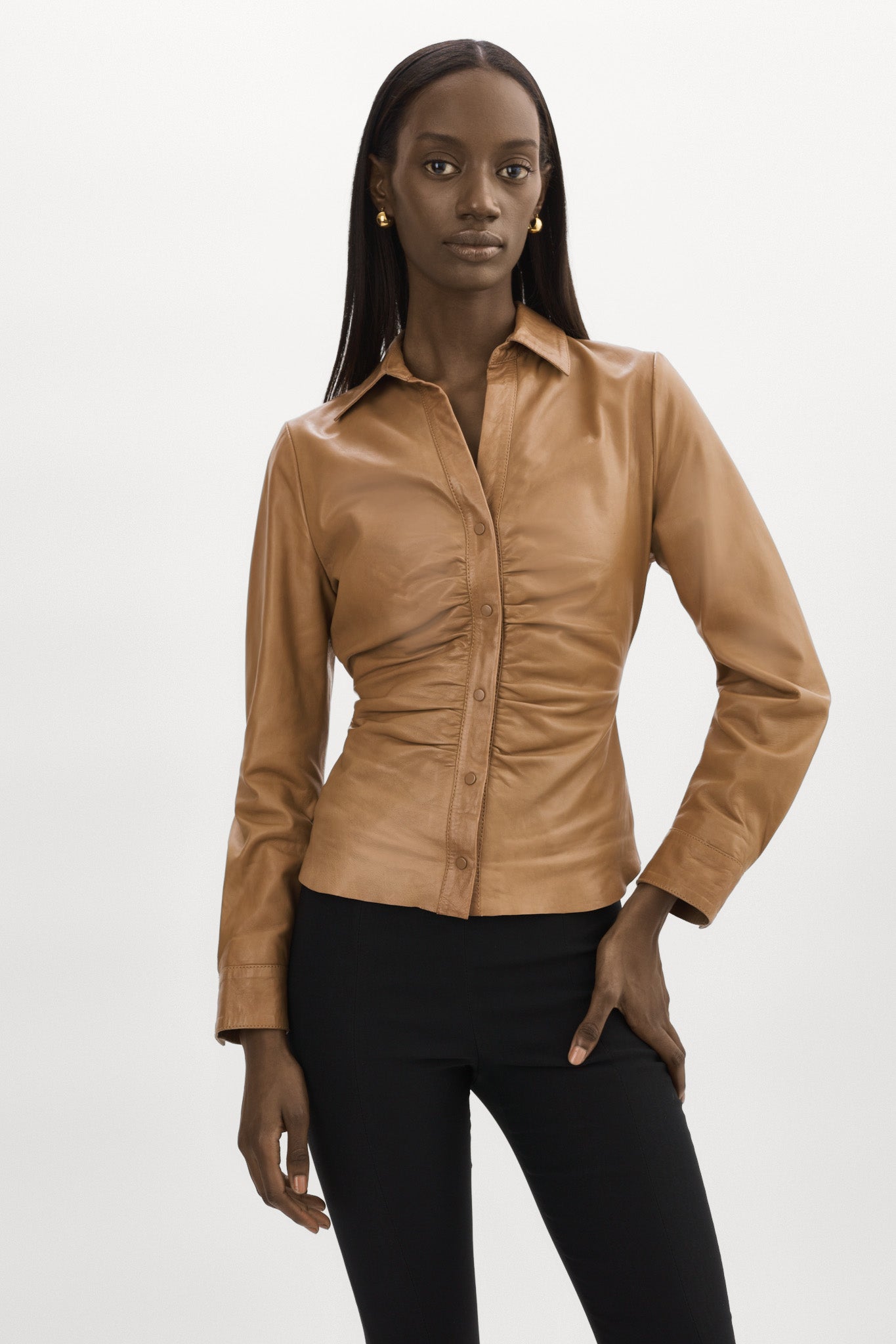 HudaSM LaMarque Leather Shirt Rushed V Neck with Cuffed Sleeve